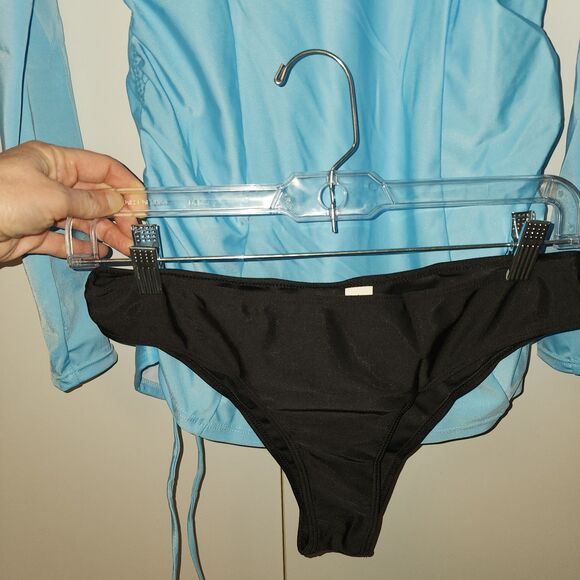 Womens  Blue Rashguard Long Sleeve Top With Black Bikini Bottom Sz L UFP Beach - Picture 2 of 16
